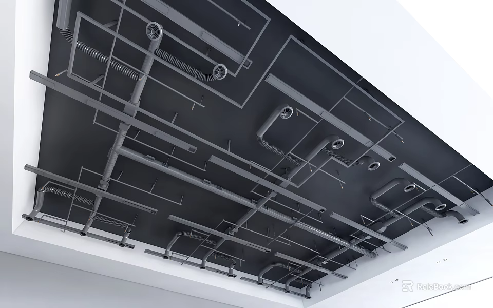 Suspended Ceiling Structure With Exposed Metal Framework And Pipes In Industrial Design 3d model 