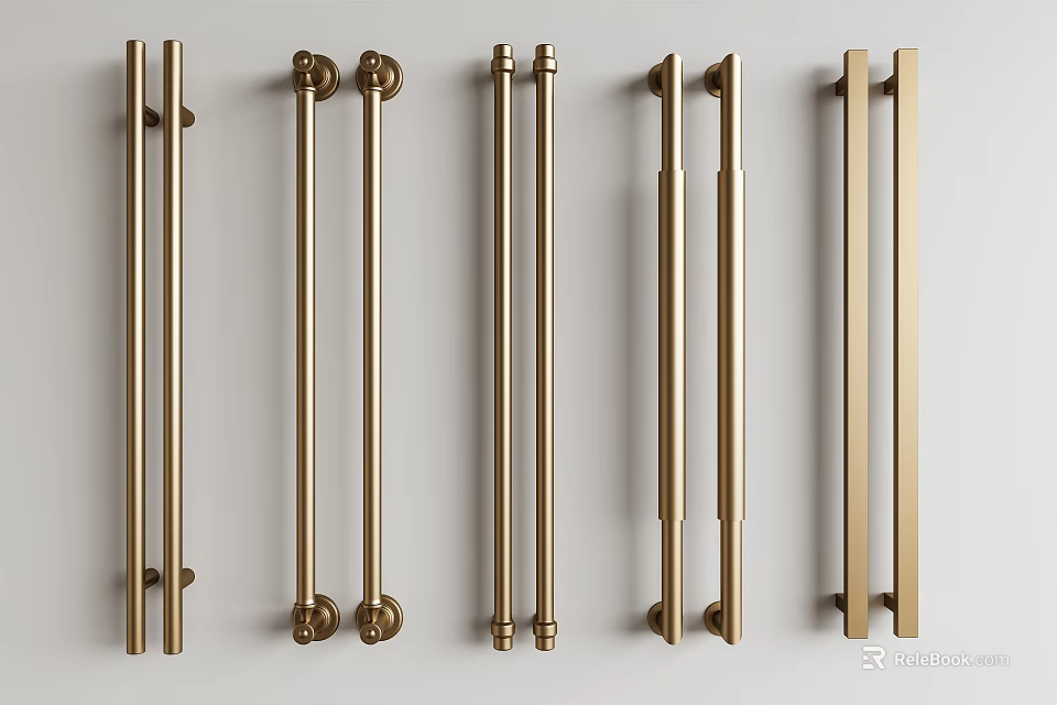 Stylish Golden Bar Handles For Furniture With Various Designs And Lengths 3d model 