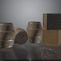 Vintage Wooden Barrels With Metal Hoops And Stacked Wooden Crates