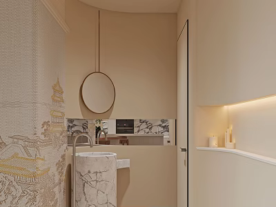 Elegant Bathroom Interior With Beige Walls Round Mirror Marble Sink Patterned Tiles And Built-in Lighting 3d model