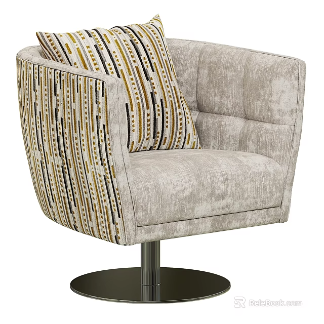 Light Gray Accent Chair With Striped Armrest And Metal Swivel Base 3d model 