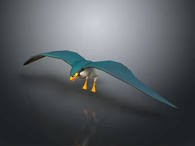 3D Rendered Flying Bird with Teal Wings and Yellow Beak and Feet in Flight 3d model