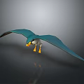 3D Rendered Flying Bird with Teal Wings and Yellow Beak and Feet in Flight