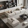 Modern Sofa and Coffee Table Combination with Beige Cushions Black Rectangular Top and Area Rug 3d model