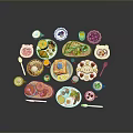 Assorted Delicious Breakfast Foods On Various Plates Including Bread Eggs Fruits And Drinks