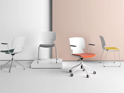 Modern Office Chairs In White Gray Orange Yellow With Stylish Design Wheels And Fixed Bases 3d model