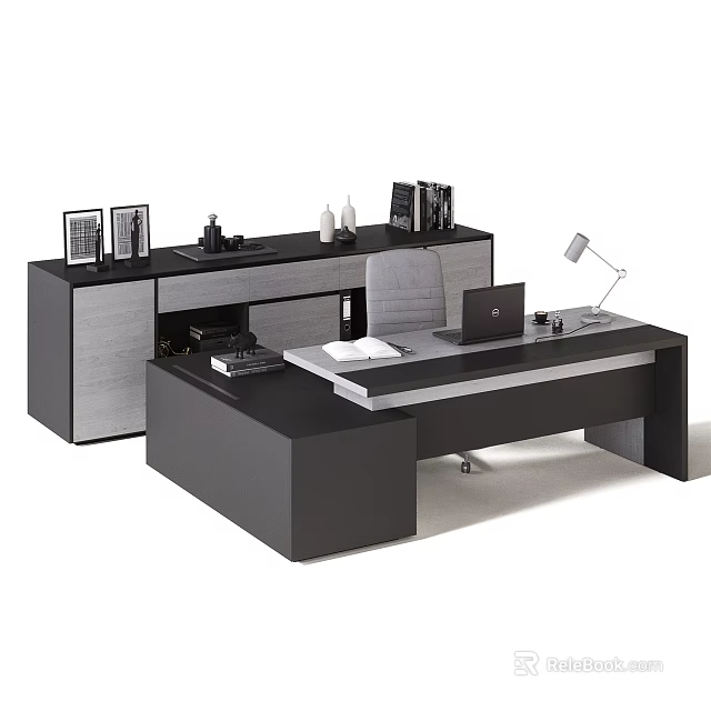 Modern Office Desk Setup With Laptop Desk Lamp Documents Books Cabinet With Drawers Photo Frames 3d model 