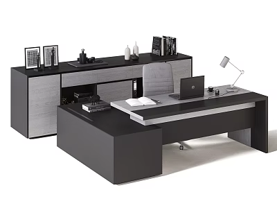 Modern Office Desk Setup With Laptop Desk Lamp Documents Books Cabinet With Drawers Photo Frames 3d model