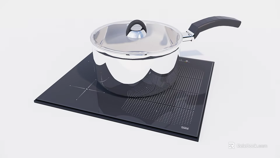 Stainless Steel Cooking Pot With Lid And Black Handle On Black Grid Cooktop 3d model 