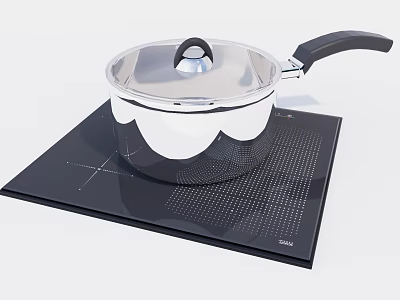 Stainless Steel Cooking Pot With Lid And Black Handle On Black Grid Cooktop 3d model