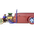 Vintage Style Red Toy Car With Blue Accents Large Wheels And Engine Details