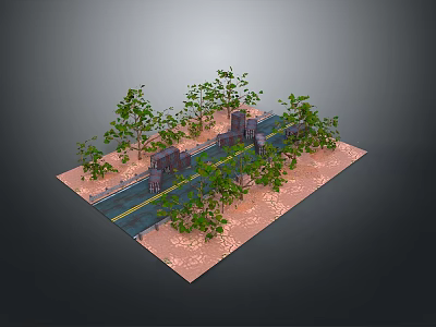 Scenic Landscape With Asphalt Road Yellow Lines Green Trees Brown Ground And Gray Structures 3d model
