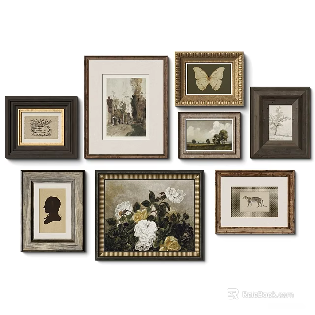 Collection of Framed Abstract Paintings With Diverse Artistic Themes and Styles 3d model 