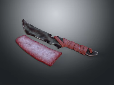 Rustic Weapon Knife With Red Wrapped Handle Rough Blade And Red Sheath 3d model