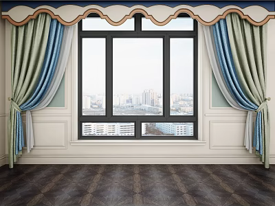 Elegant Blue Green Curtains With Wavy Top Design Framing City View Window Dark Wooden Floor 3d model