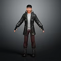 Man Wearing Black Coat White Shirt Brown Pants Boots 3D Character Model on Dark Background