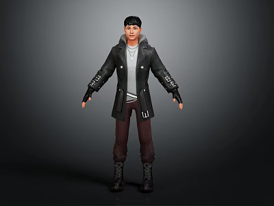 Man Wearing Black Coat White Shirt Brown Pants Boots 3D Character Model on Dark Background 3d model