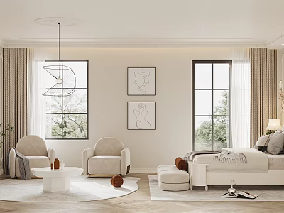 Elegant Bedroom Interior With White Sofa Beige Armchairs Pendant Light And Floor To Ceiling Windows 3d model