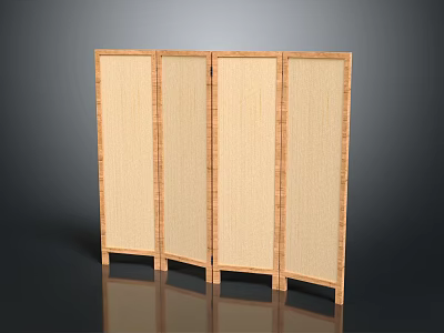 Natural Wooden Room Divider With Four Woven Panels Simple Traditional Design 3d model