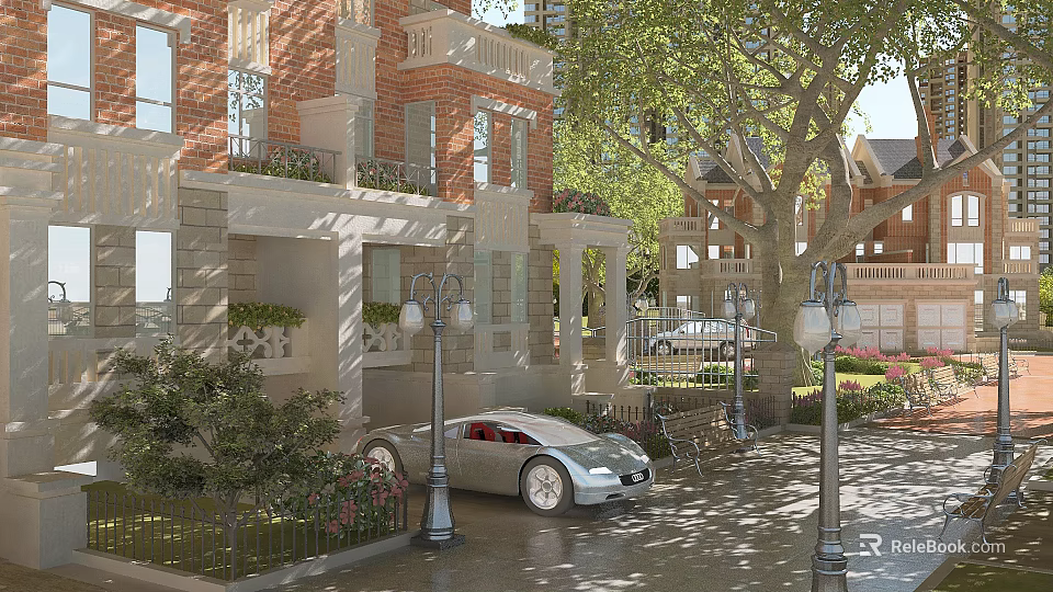 Garden Landscape With Red Brick Building Balcony Trees Street Lamps Bench And Silver Sports Car 3d model 