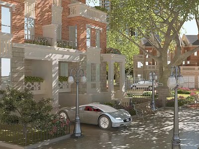 Garden Landscape With Red Brick Building Balcony Trees Street Lamps Bench And Silver Sports Car 3d model
