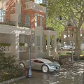 Garden Landscape With Red Brick Building Balcony Trees Street Lamps Bench And Silver Sports Car
