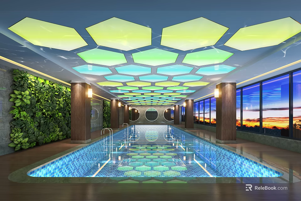 Indoor Swimming Pool With Hexagonal Ceiling Colorful Lighting Living Plant Wall And Large Windows 3d model 