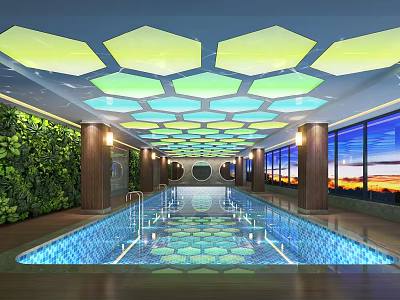 Indoor Swimming Pool With Hexagonal Ceiling Colorful Lighting Living Plant Wall And Large Windows 3d model