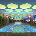 Indoor Swimming Pool With Hexagonal Ceiling Colorful Lighting Living Plant Wall And Large Windows
