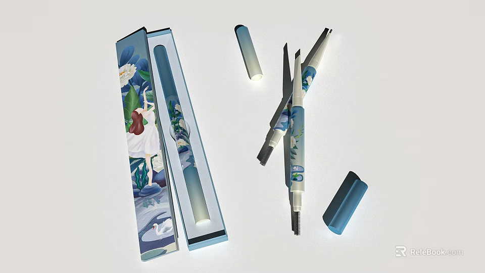 Elegant Perfume Cosmetic Pens With Floral Pattern Boxes And Blue Open Packaging 3d model 