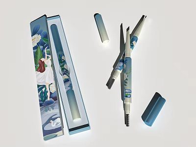 Elegant Perfume Cosmetic Pens With Floral Pattern Boxes And Blue Open Packaging 3d model