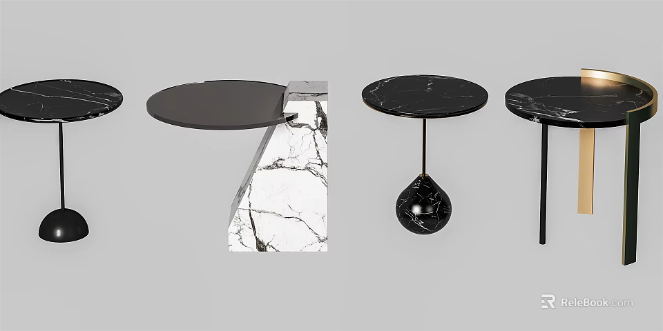 Modern Round Side Tables With Black Marble Top And Unique Base Design 3d model