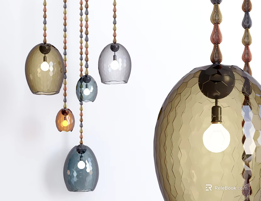 Modern Glass Pendant Lights With Colored Shades Beaded Chains And Textured Designs 3d model 