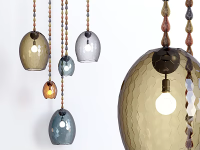 Modern Glass Pendant Lights With Colored Shades Beaded Chains And Textured Designs 3d model