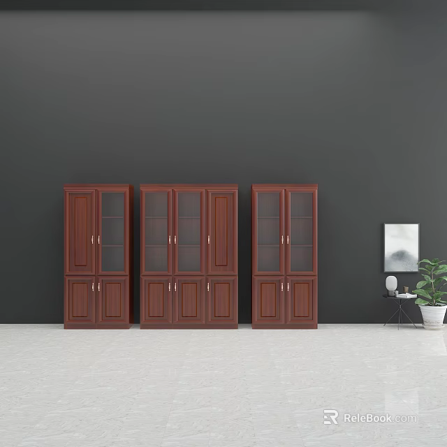 Three Dark Brown Bookcases With Glass And Wooden Doors Against Gray Wall In Modern Interior 3d model 