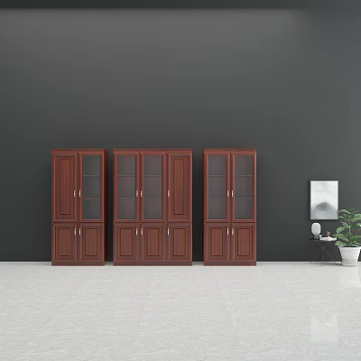 Three Dark Brown Bookcases With Glass And Wooden Doors Against Gray Wall In Modern Interior 3d model