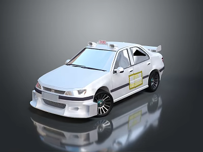 White Taxi Car With Roof Taxi Sign Yellow Sticker And Sporty Black Wheels 3d model