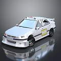 White Taxi Car With Roof Taxi Sign Yellow Sticker And Sporty Black Wheels