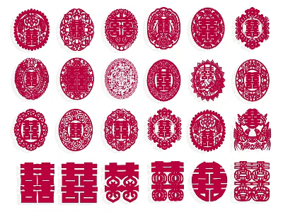 Traditional Red Paper Cut Wall Decor Featuring Double Happiness Chinese Patterns 3d model