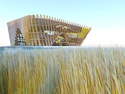 Modern Wooden Building With Slanted Striped Structure Surrounded By Tall Grass 3d model