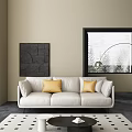 White Three-Seater Sofa With Yellow and Light Gray Pillows Beige Wall Black Geometric Art