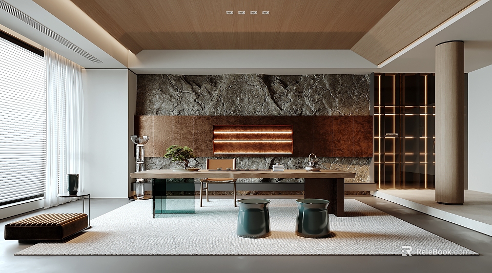 Modern Tea Room With Wooden Ceiling Stone Wall Long Table Green Stools And Tea Set 3d model 