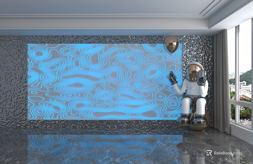 Blue Gray Wavy Patterned Background Wall With Lighting Effects Astronaut Model Balloon And Reflective Floor 3d model 