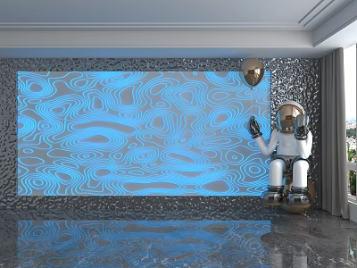 Blue Gray Wavy Patterned Background Wall With Lighting Effects Astronaut Model Balloon And Reflective Floor 3d model