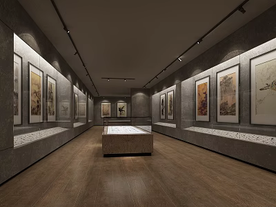 Modern Art Exhibition Hall With Paintings On Walls And Central Display Platform 3d model