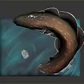Orange Spotted Fish Shaped Creature With Blue Eyes Curved Body Blue Platform And Small Boat