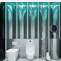 Modern Public Restroom With Blue Lighting White Fixtures And Round Mirrors
