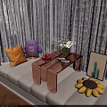 Transparent Copper Acrylic Coffee Table with Flower Vase Fruits Sofa Pillows and White Curtains