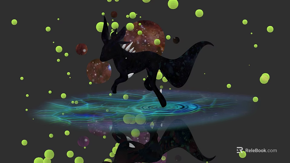 Black Mythical Creature with Green Orbs Red Planets and Water Reflection in Dark Surreal Background 3d model 