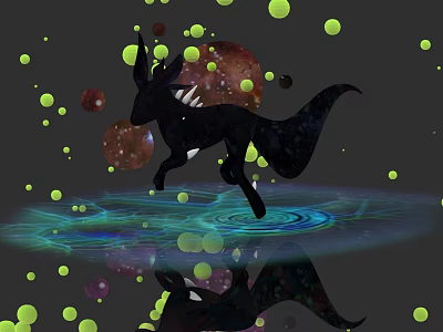 Black Mythical Creature with Green Orbs Red Planets and Water Reflection in Dark Surreal Background 3d model